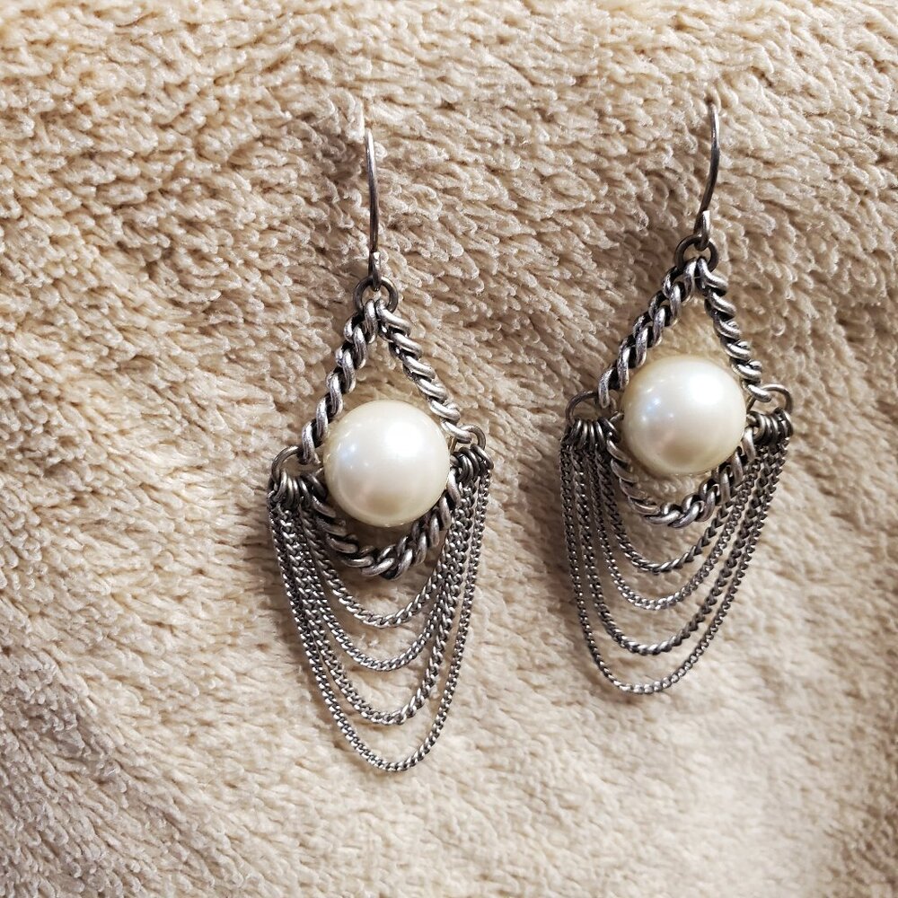 Pearl & Silver Chain Drop Earrings